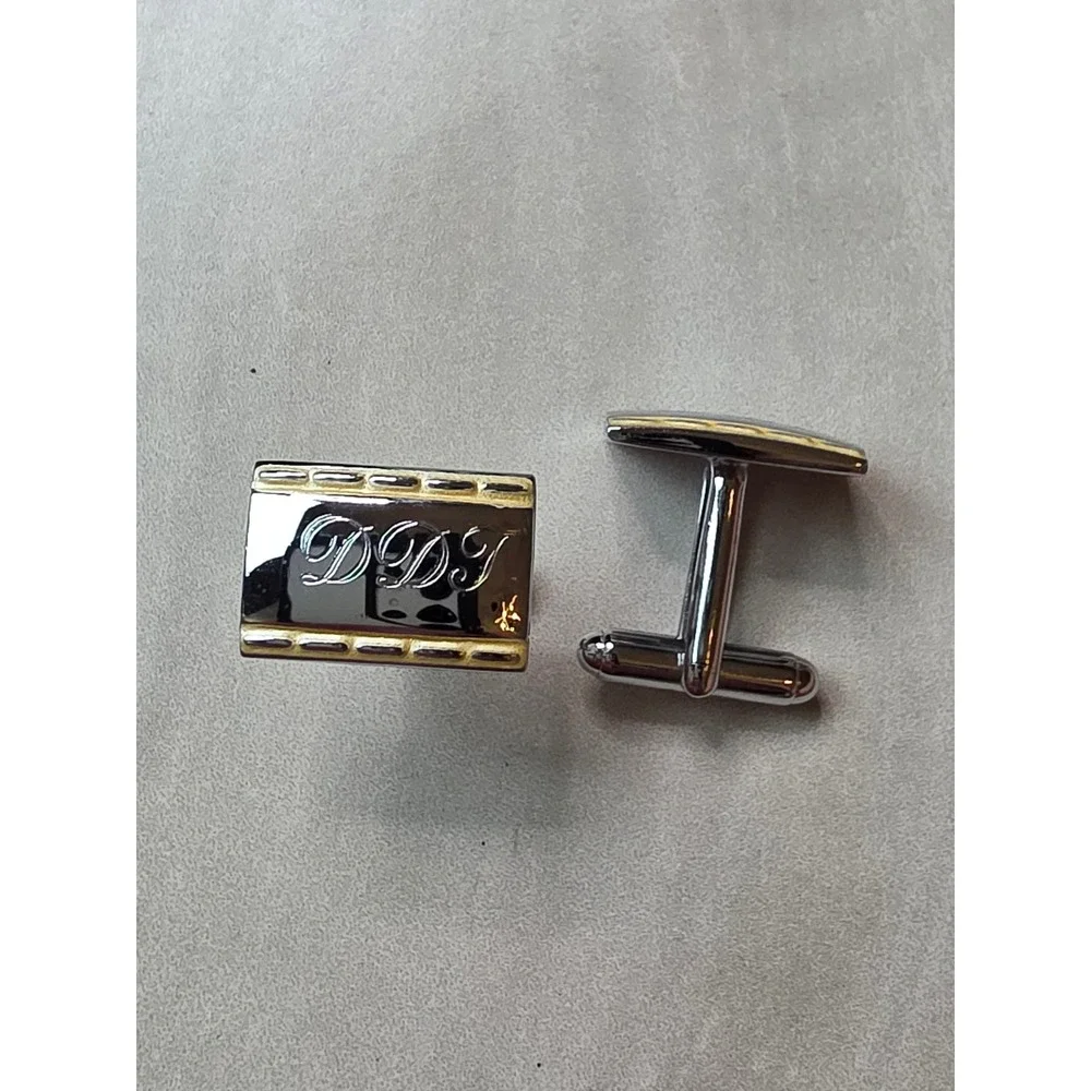 Mens Two Tone Silver Gold Engraved DDT Initial Rectangular Cufflinks F1